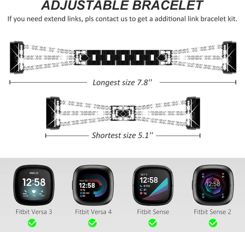 Vista 5 de FULLIFE Compatible con Fitbit Versa 3/Fitbit Versa 4 con diamantes de cristal, correa de acero para Fitbit Sense/Fitbit Sense 2 para mujer