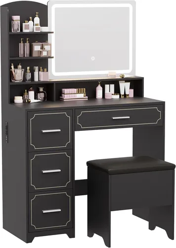 Vista 8 de Mesa de tocador con espejo LED y toma de corriente, 5 estantes abiertos, 4 cajones, incluye taburete acolchado, tocador de maquillaje ideal