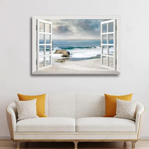 Vista 3 de Renditions Gallery Impresiones de pared de naturaleza para decoración de ventana para el hogar Inundado en la playa de arena, lienzo colgante