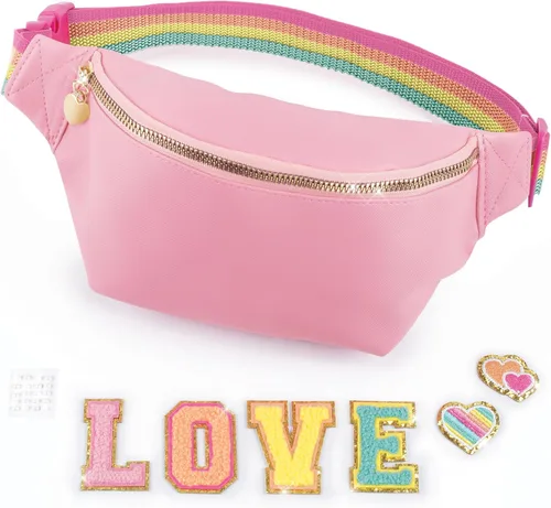 Vista 3 de Make It Real Bolsa de moda con parches, 9 piezas, bolsa rosa con cremallera con banda de arcoíris, personalizable, parches de amor, adolescentes