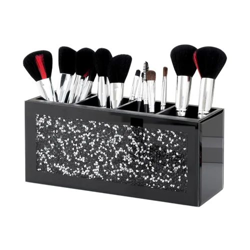 Vista 11 de SHYFOY Organizador Portacepillos de Maquillaje Negro, Organizador de Almacenamiento de Cepillos de Cosméticos de 3 Ranuras de Vidrio con Diamante