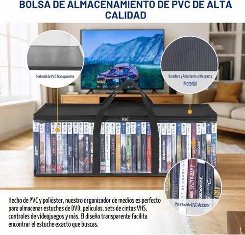 Vista 3 de Bolsas de almacenamiento de DVD CCidea (Set de 2) Funda de PVC transparente con asas para cajas de DVDs/CDs/VHS/Blu Ray/Películas/Videojuegos - Cada
