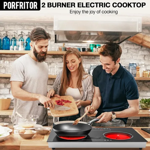 Vista 2 de Cocina eléctrica, 110 V, 2400 W, 2 quemadores, encimera y estufa integrada con 9 niveles de potencia, bloqueo de seguridad para niños, temporizador