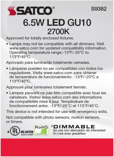 Vista 3 de Satco S9382-6.5 W MR16 Bombilla reflectora LED, luz blanca cálida de 2700 K, 500 lúmenes, ángulo de haz de 40 grados, base de dos pines GU10