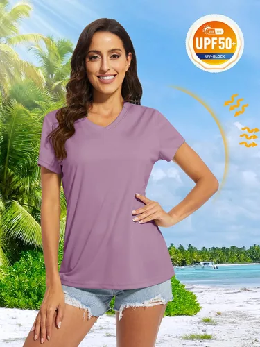 Vista 4 de MAGCOMSEN Women's T Shirts V-Neck Short Sleeve UPF 50+ Sun Protection Performance Quick Dry Workout Athletic Shirts Tee Tops