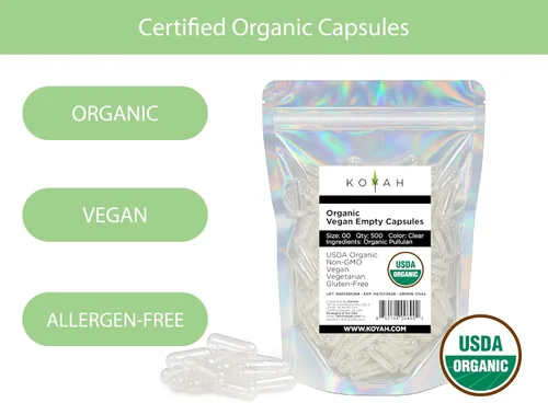 Vista 2 de KOYAH - Cápsulas orgánicas vacías de pululan, tamaño 00, 500 unidades Certificado orgánico, vegano, sin gluten, sin OMG, sin alérgenos, ideal