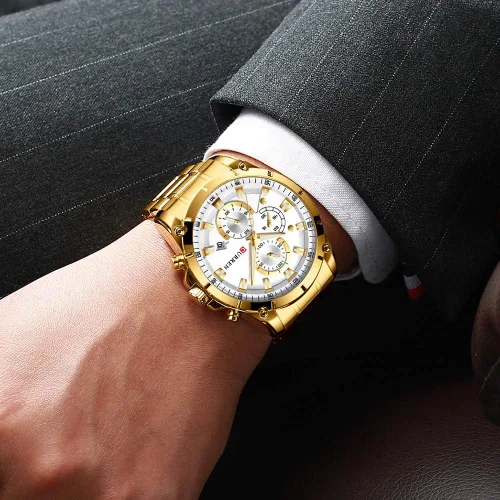 Vista 2 de CURREN Reloj para hombre de acero inoxidable cronógrafo de cuarzo para hombre reloj deportivo fecha Relogio Masculino reloj Hombr Dorado blanco