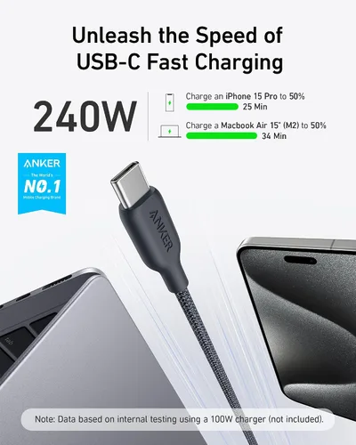 Vista 3 de Anker Cable USB C, carga rápida de 240 W, USB 2.0 (6 pies, negro fantasma) Cable bio-trenzado para iPhone serie 17, MacBook Pro 2020, iPad Pro