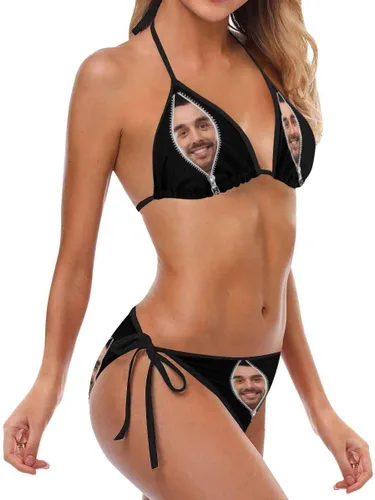 Vista 5 de Conjuntos de bikini personalizados para mujer, traje de baño triangular halter con cara, traje de baño sexy personalizado con lazo lateral