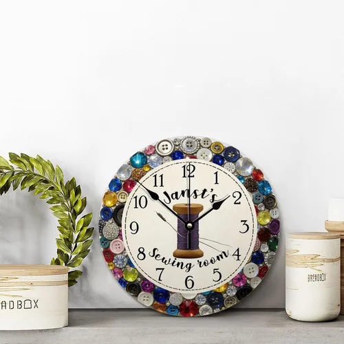 Vista 2 de ArogGeld Reloj de pared personalizado para sala de costura, botón de joya de color, 10 pulgadas, reloj de sala de manualidades, funciona