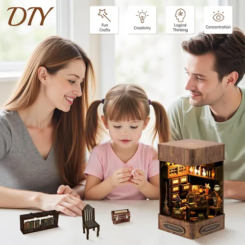 Vista 7 de Kit de rincón de libros de bricolaje – Estantería de casa de muñecas en miniatura, rompecabezas de estantería de madera 3D, rompecabezas creativo