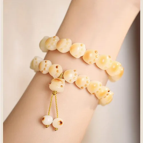 Vista 2 de Cuentas de rosario de jade blanco natural de raíz de Bodhi para mujer con una pulsera de un solo anillo