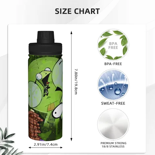 Vista 3 de Botella de agua con aislamiento deportivo de 18 oz, diseño de anime Zim, hervidor de agua de acero inoxidable, novedoso vaso portátil para viajes