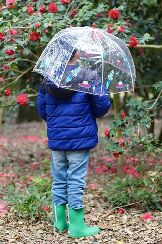 Vista 6 de totes Paraguas de burbujas transparente para niños con mango de fácil agarre, Aventura Cósmica, Paraguas de burbujas transparente con mango de fácil