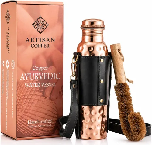 Vista 12 de Artisan - Botella de agua ayurvédica de cobre de 32 onzas, hecha a mano, 100% cobre puro, botella martillada para beber con cepillo de madera y Negro