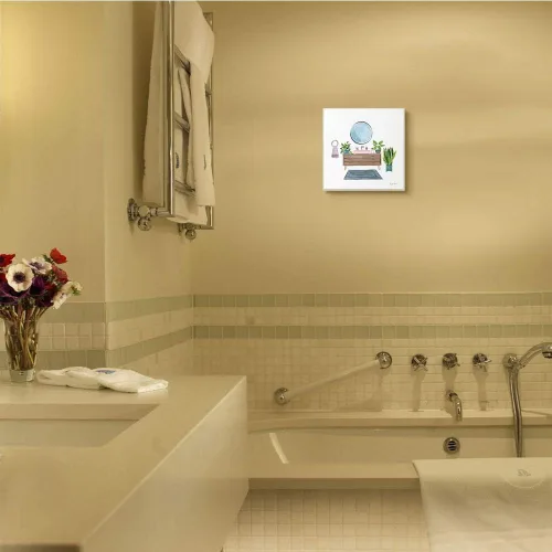 Vista 6 de Stupell Industries Lavabo interior de baño con plantas de arte azul y rosa, diseñado por Farida Zaman Art, 12 x 12, placa de pared Stupell