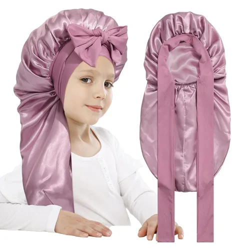 Vista 9 de AWAYTR Gorro de satén para niñas con trenzas de pelo largo para dormir Negro