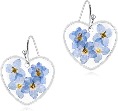Vista 8 de Pendientes de flores prensadas, hechos a mano, con flores de olvidémino y encaje de la reina Ana, flores silvestres únicas de resina seca, perfectos