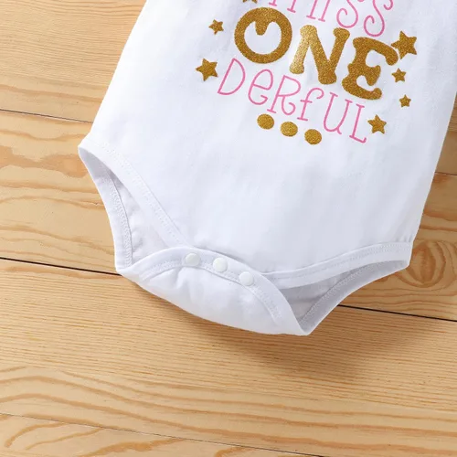 Vista 6 de Conjunto de mameluco de algodón para el primer cumpleaños para niñas con lentejuelas y lazo para la cabeza, 3 piezas