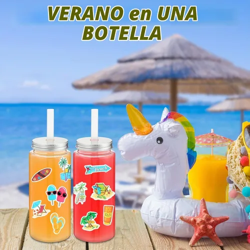 Vista 5 de Jingmore 12 botellas de plástico de 14 onzas con tapas para pajitas, vasos transparentes y reutilizables y calcomanías de verano para agua, té
