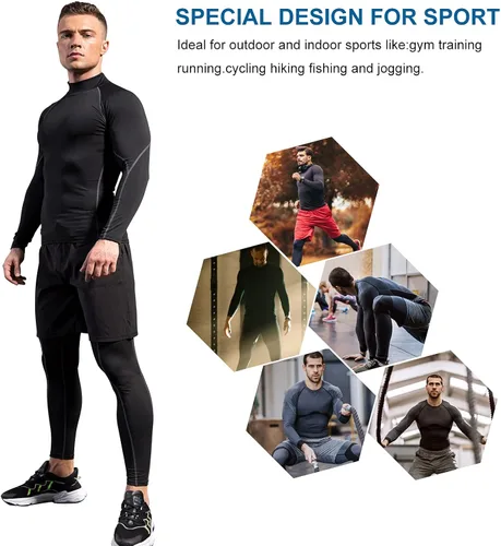 Vista 7 de Paquete de 2 camisetas de compresión de cuello alto alto falso para hombre, camiseta deportiva de manga larga que absorbe la capa base atlética