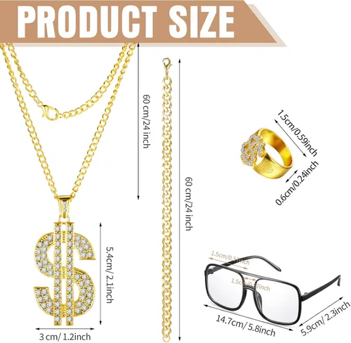 Vista 2 de Lemosae 4 piezas de disfraz de hip hop, collar con colgante de signo de dólar, anillo de cadena dorada con gafas, accesorios de rapero de los años