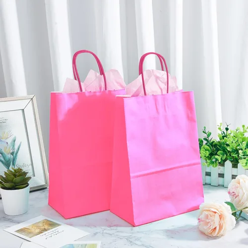 Vista 6 de DjinnGlory Paquete de 24 bolsas de regalo de papel rosa intenso de tamaño mediano con asas de 10 x 8 x 4 pulgadas y 24 papel de seda rosa para Rosa