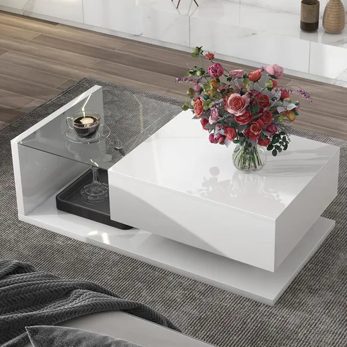 Vista 9 de P PURLOVE Mesa de centro moderna con vidrio templado, mesa de centro de madera con superficie UV de alto brillo, mesa central de 2 niveles para sala