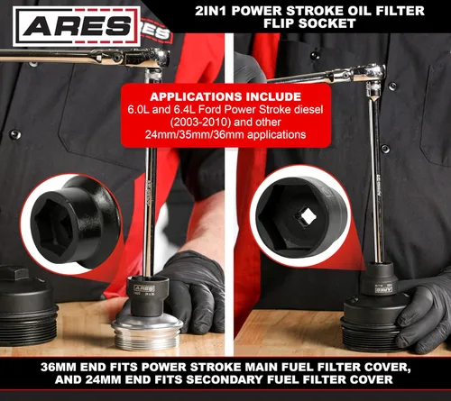 Vista 3 de ARES 14022 – 2-en-1 Filtro de combustible 24mm x 36mm zócalo Flip – Compatible con Ford Power Stroke 2003-2010 6.0L y 6.4L Filtros de combustible