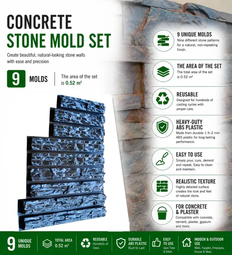 Vista 2 de SvitMolds Moldes de Hormigón Set de Bricolaje 9 Moldes de Plástico para Hormigón, Yeso, Pared, Piedra, Cemento, Azulejos, Molde ABS Piedras