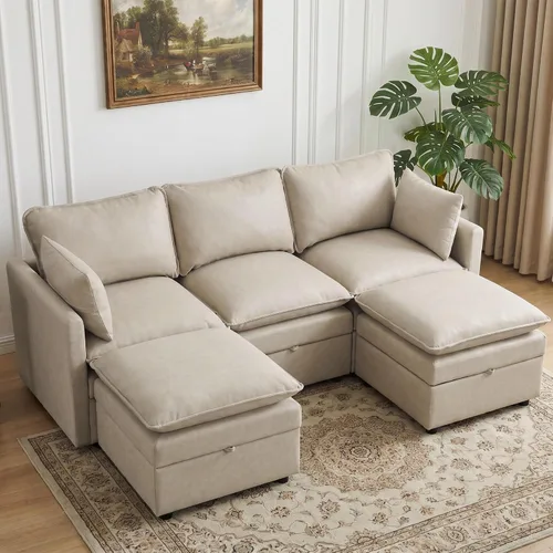 Vista 90 de Otomana cuadrada grande de 27 pulgadas con almacenamiento, reposapiés tapizado moderno con patas antideslizantes para sofá, mesa de café, sala