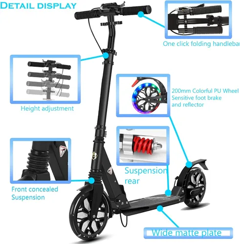 Vista 7 de Commuter - Scooter para adultos de 300 libras de capacidad, ruedas grandes, patinete plegable deportivo para niños de 10 años en adelante, 4 niveles
