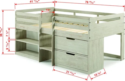 Vista 2 de Donco Kids Cama tipo loft baja individual con estantería y baúl de almacenamiento, individual, gris claro rústico