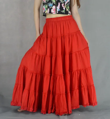 Vista 6 de Falda de mujer de algodón con 5 niveles, falda plisada de línea A larga bohemia, falda de baile gitana