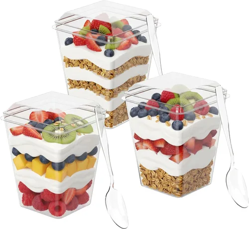 Vista 3 de Zappy Paquete de 100 vasos de postre de plástico de 5 onzas con tapas y cucharas, vasos de aperitivo/parfait para fiestas, tiradores de postres