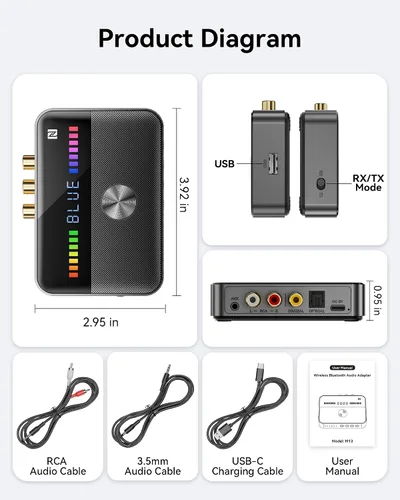 Vista 8 de Receptor transmisor Bluetooth 6.0 para altavoces con cable/sistema estéreo de transmisión de música para el hogar, compatible con funciones AUX