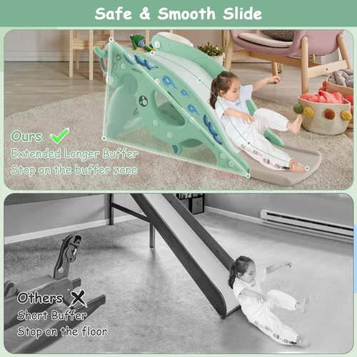 Vista 6 de Costzon - Juguetes de deslizamiento para niños pequeños 4 en 1, tobogán para niños con aro de baloncesto y juego de anillos, caballo de madera