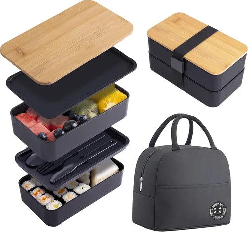 Vista 7 de Lonchera japonesa de bambú Bento con compartimentos y utensilios, apilable, incluye bolsa de almuerzo para preparación de comidas, color beige