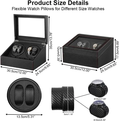 Vista 3 de Enrollador automático de reloj con 4 silenciosas cajas de bobinado de reloj de motor japonés + 6 almohadas flexibles para reloj, funda