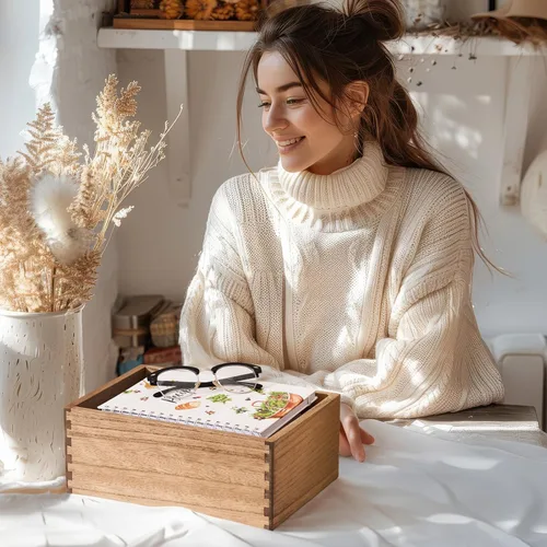 Vista 7 de KIRIGEN Caja de Almacenamiento de Madera con Tapa - Cajas Decorativas para Manualidades, Costura, Recuerdos, Memoria - Caja de Almacenamiento
