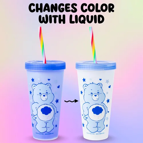 Vista 12 de Silver Buffalo Care Bears Corazones y Estrellas Juego de 4 Vasos de Plástico Cambian de Color con Popotes de Espiral Arcoíris con Tenderheart