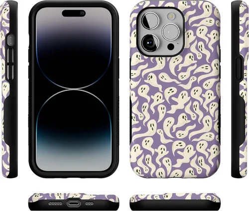 Vista 8 de Casely iPhone 14 Pro Case All Boo'd Up Purple Ghost Compatible with MagSafe Classic Ultra Thin Design