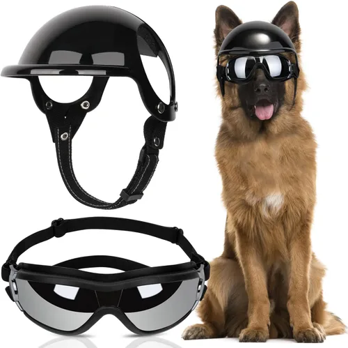 Vista 11 de SlowTon Juego de casco y gafas de sol, sombrero y gafas de sol para perro 1.Negro