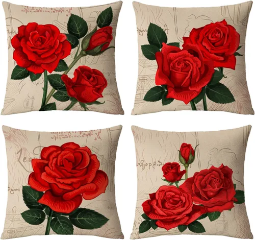 Vista 8 de Juego de 4 fundas de almohada decorativas de color rosa de 16 x 16 pulgadas, fundas de almohada cuadradas con flores de primavera y verano