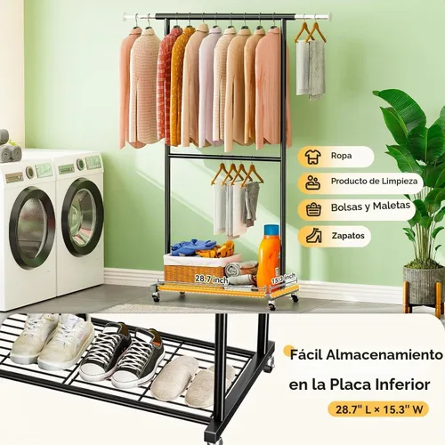 Vista 8 de Perchero de ropa estándar, 50 pulgadas de largo, con estantes de malla sobre ruedas, estante de armario portátil ajustable para dormitorio, cuarto