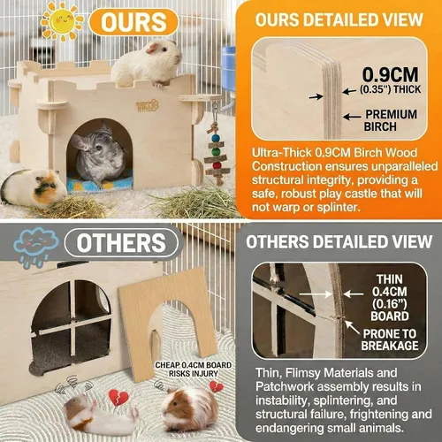 Vista 3 de Casa Castillo YKD para Chinchilla, Escondite de Animales Pequeños para Chinchilla, Conejo, Erizo o Ratón, Hábitat Ventilado de Madera para Conejo
