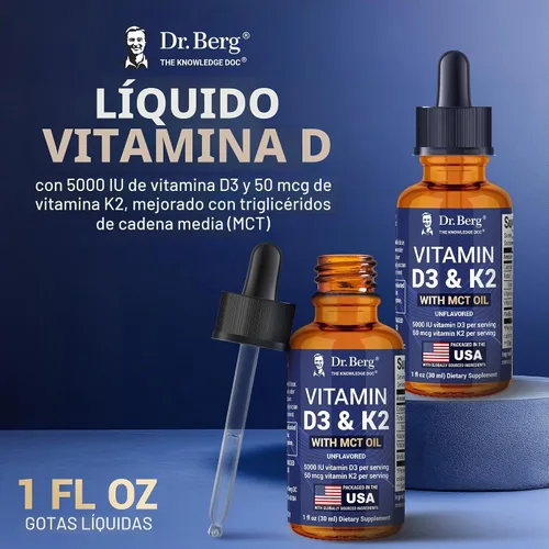 Vista 3 de Dr. Berg - Gotas líquidas de vitamina D3 K2 de máxima potencia con aceite MCT – 5,000 UI de vitamina D3 líquida con K2 – Apoya huesos fuertes