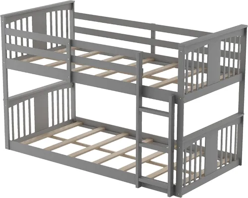 Vista 9 de Litera de suelo individual sobre individual, litera baja de madera con escalera, para niños y niñas (gris)