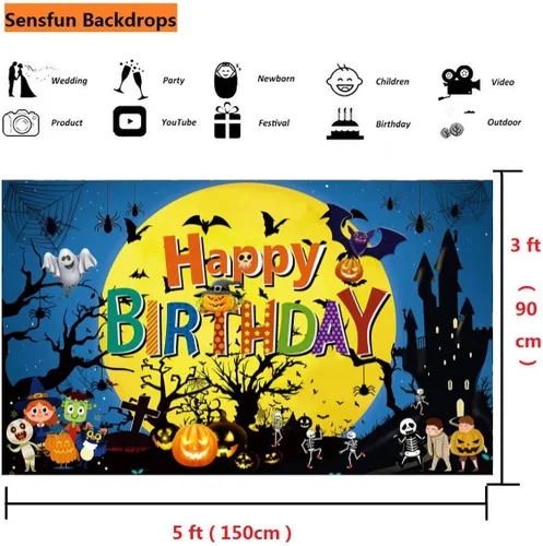 Vista 5 de Sensfun Telón de fondo de cumpleaños de Feliz Halloween, Luna Noche, Calabaza, Fondo de cumpleaños, Castillo Fantasma, Telón de fondo de Halloween
