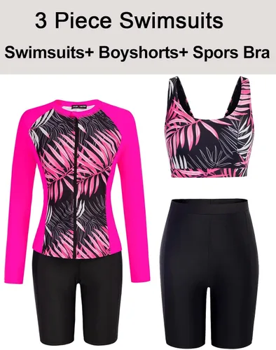Vista 4 de JACK SMITH Traje de baño de 3 piezas de manga larga con cremallera frontal, tankini UPF 50 para mujer